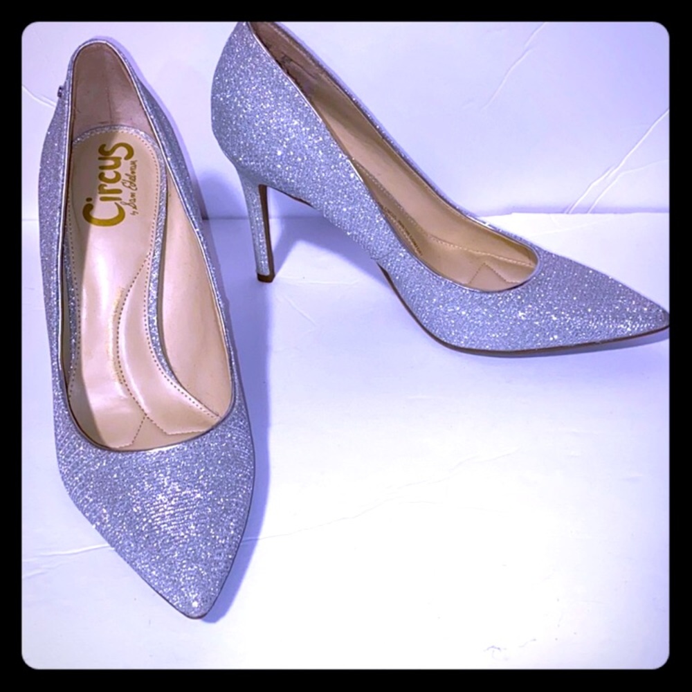 Sam Edelman Silver Sparkle Pointed Toe Heels.